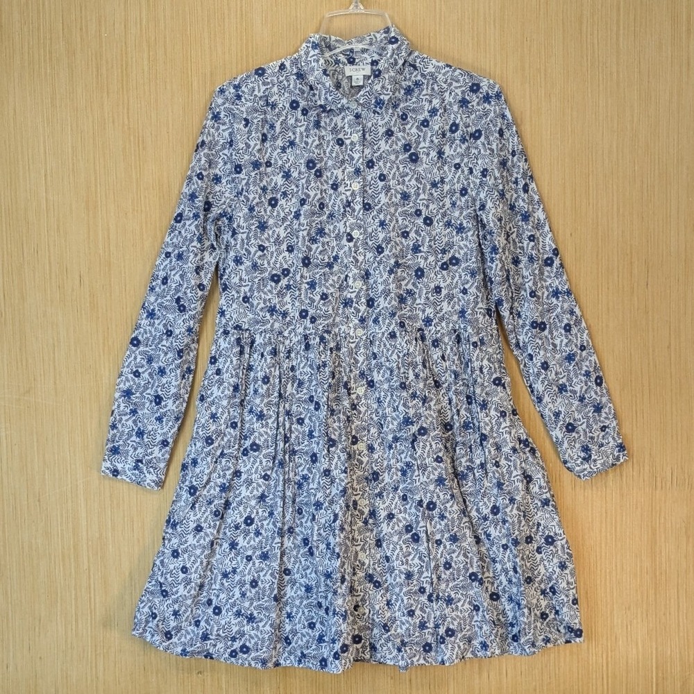 J.Crew Womens Floral Cotton Preppy Modest Button Front Mini Dress 8 Blue White